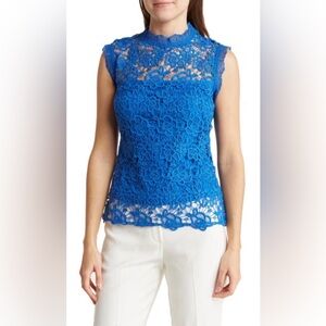 Nanette Lepore Cayman Blue Floral Lace Mock Neck Blouse